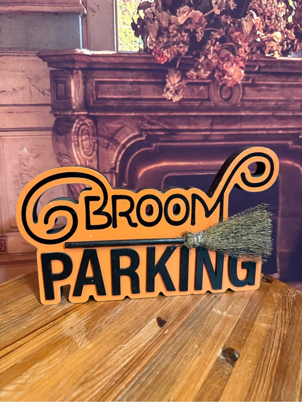 Broom Parking Halloween Tabletop Sign – Orange and Black Halloween Salem